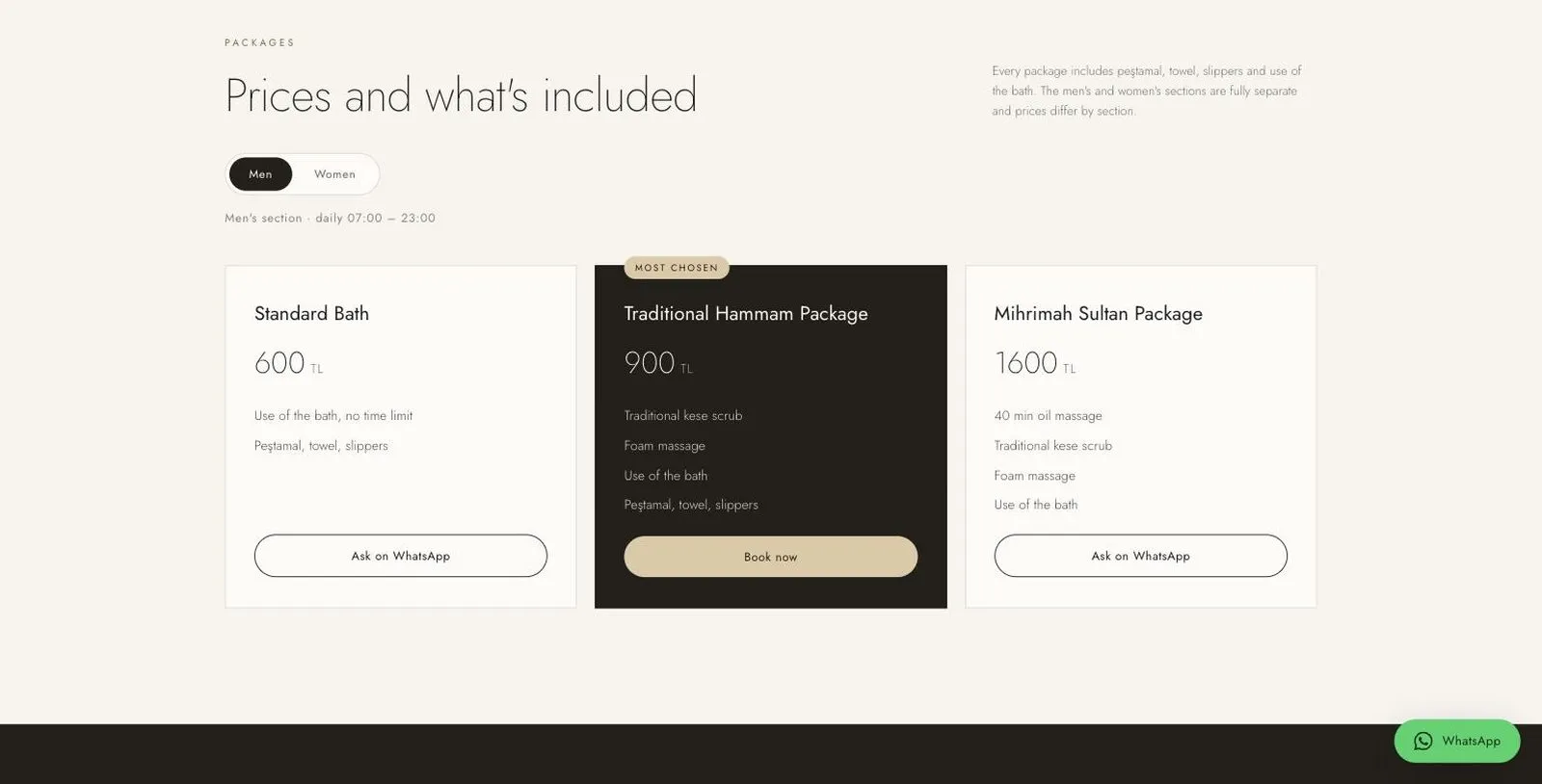 Mihrimah Sultan Hamam, packages and pricing section